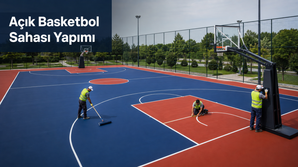 Açık basketbol sahası yapımı sırasında akrilik zemin kaplama ve saha çizgisi uygulaması yapan profesyonel ekip