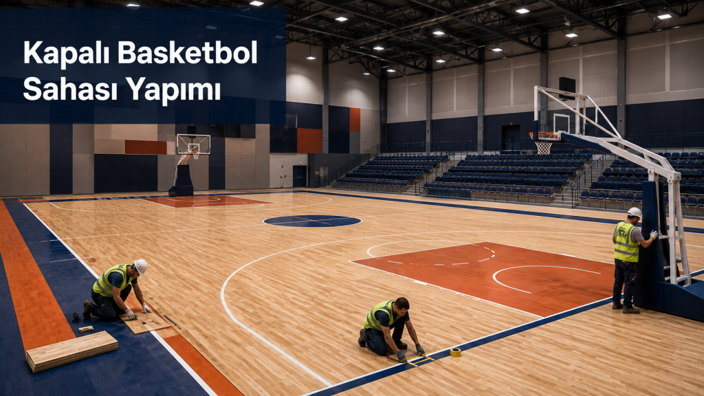 Kapalı basketbol sahası yapımı kapsamında parke zemin, saha çizgileri ve profesyonel pota montajı uygulaması